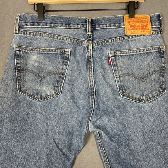 Levis 505 Jeans Men's 34x30 Blue Denim Medium Wash Distressed Straight Leg Retro - Picture 12 of 16